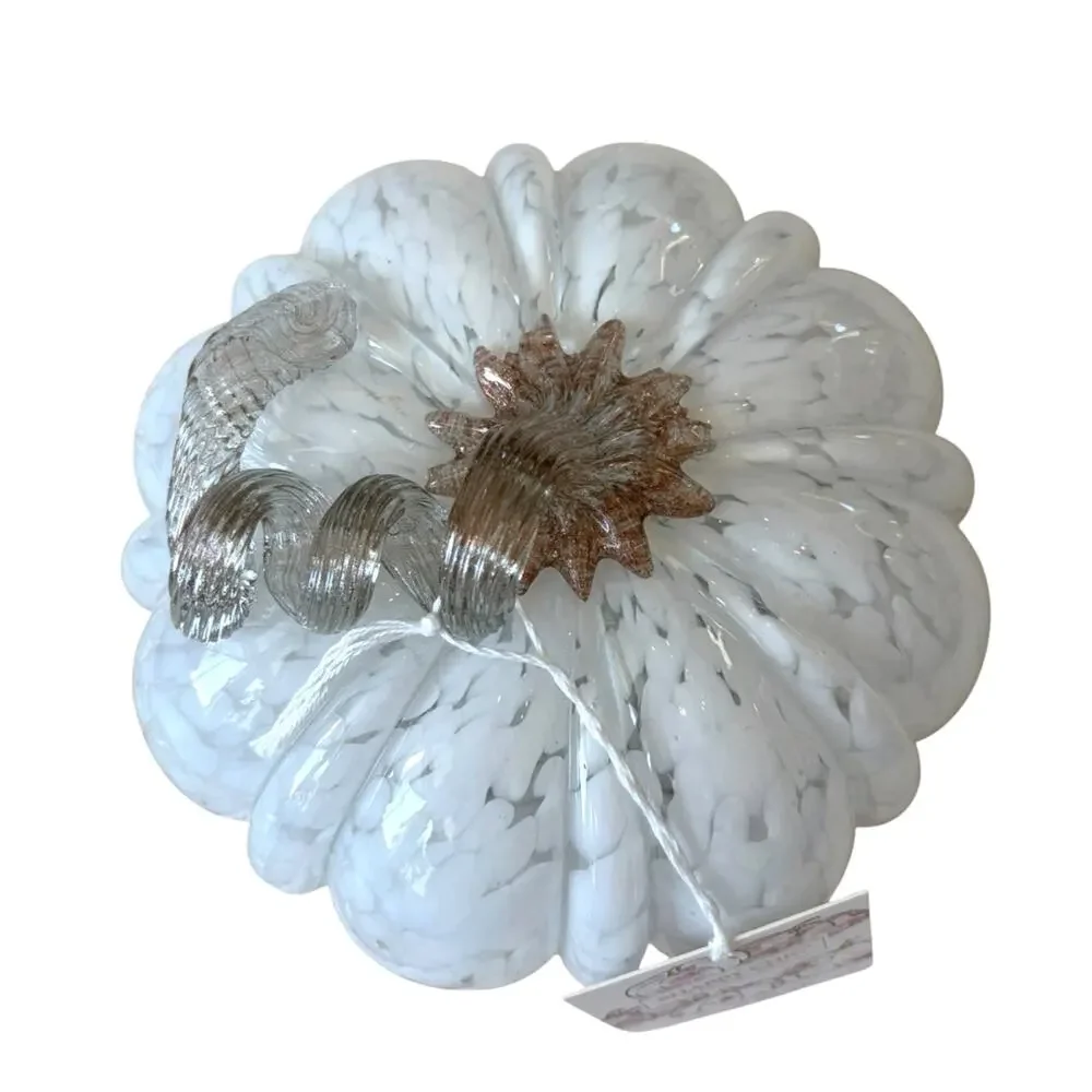 Shabby Chic Hand Blown Art Glass White Pumpkin Amber Stem 8